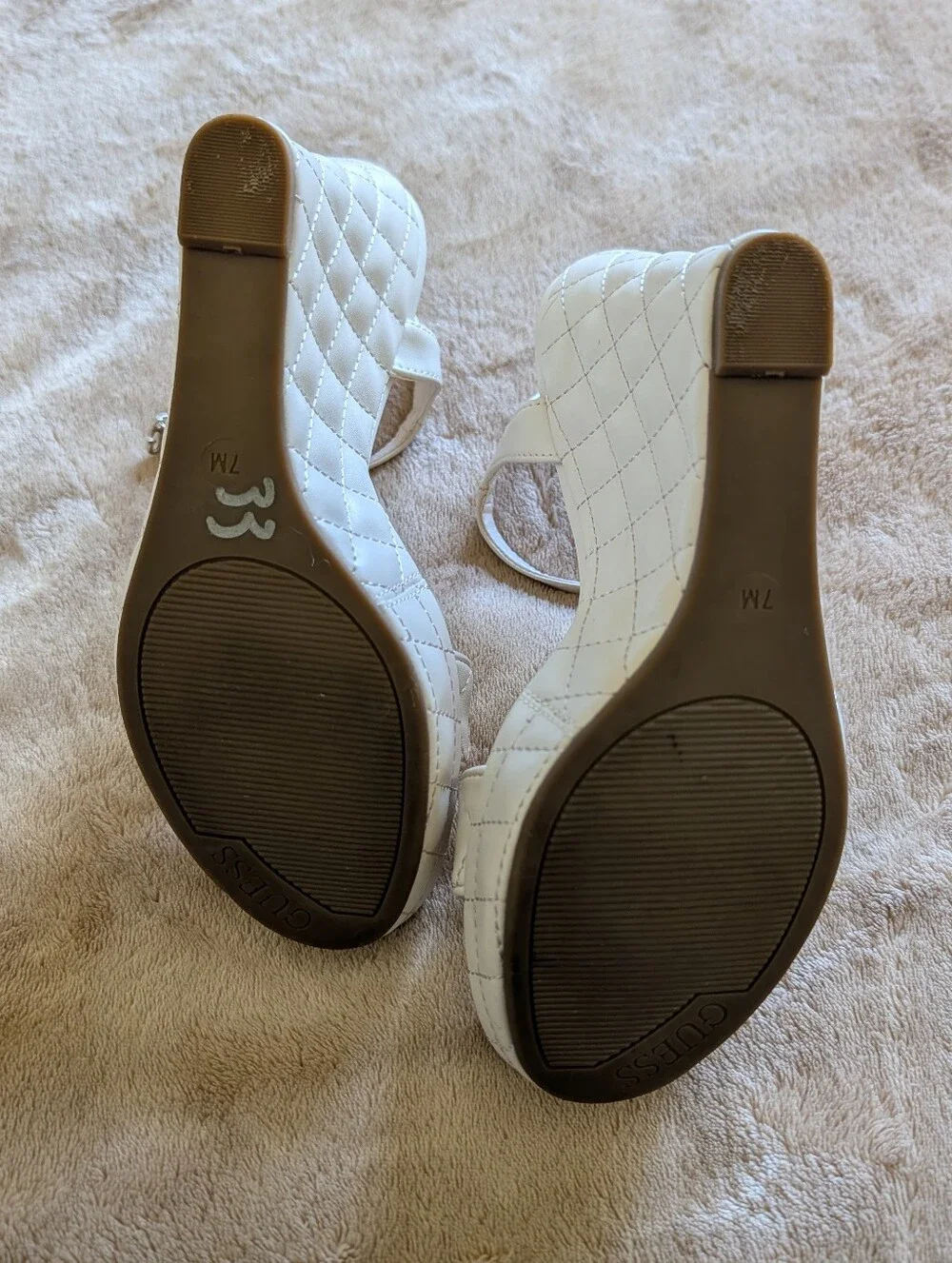 GUESS Women’s White Quilted Wedge Sandals with Ankle Strap